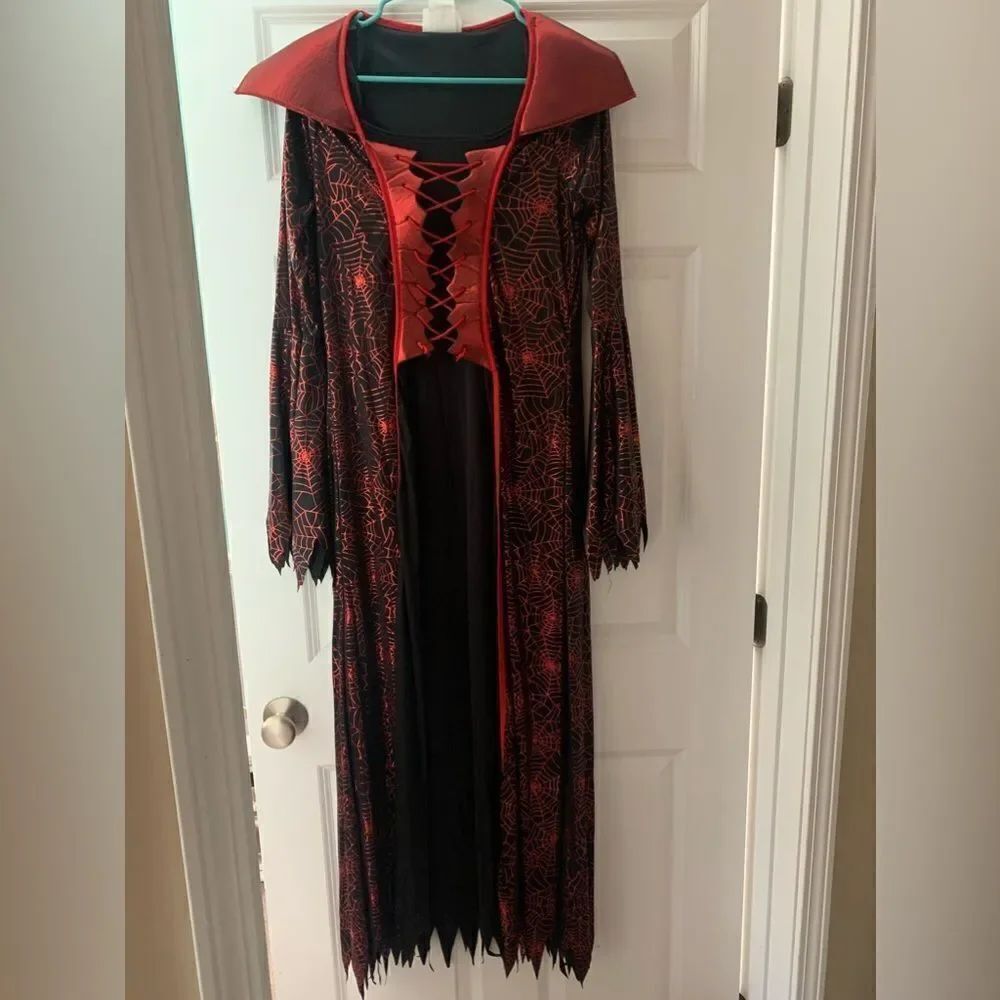 Devil witch small costume cape spider web red black cinched corset